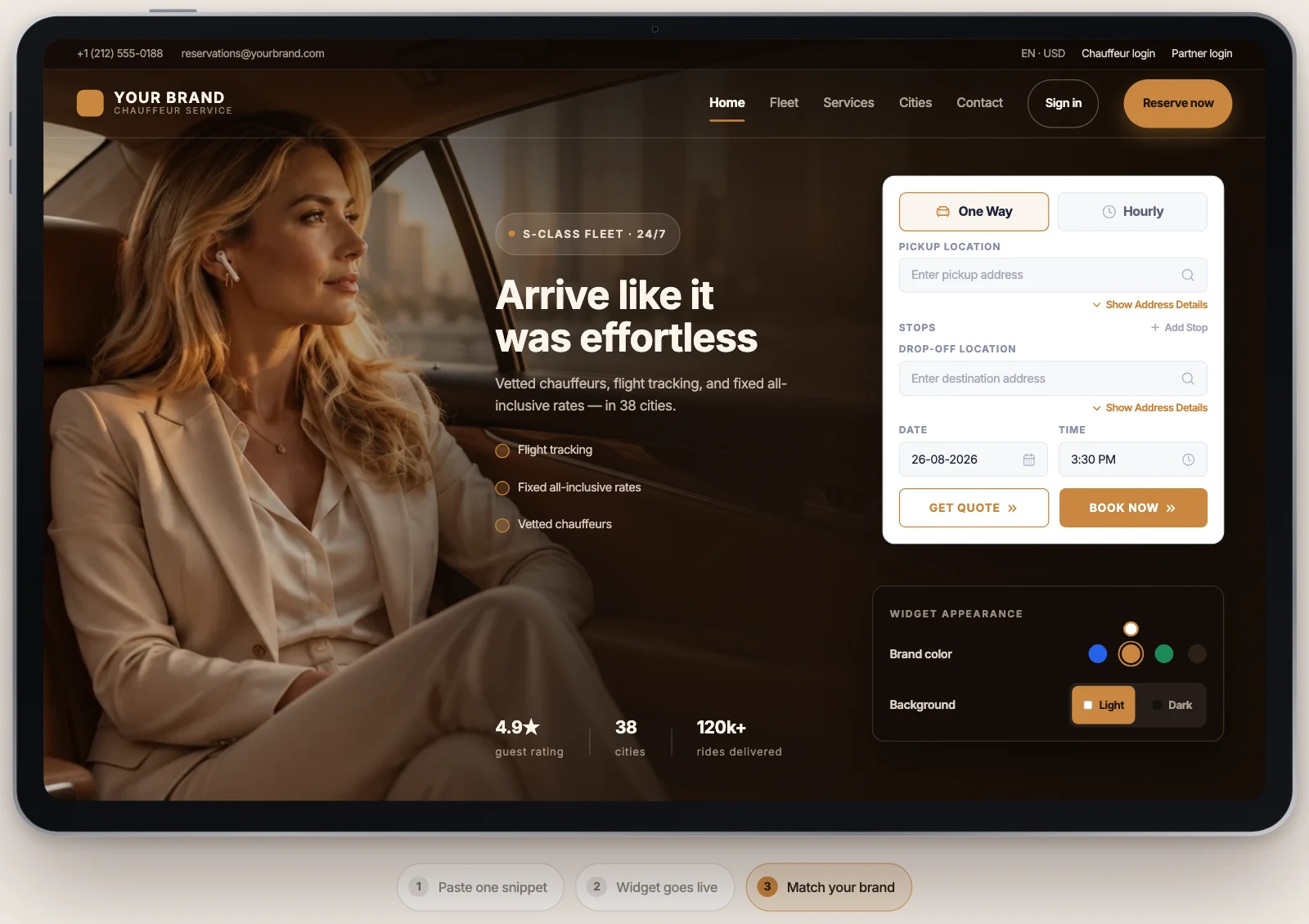 The LimoSphere booking widget embedded on a chauffeur company's own website, offering one-way or hourly, pickup and drop-off with added stops, date and time, and Get quote and Book now buttons, beside controls for the widget's brand colour and light or dark theme