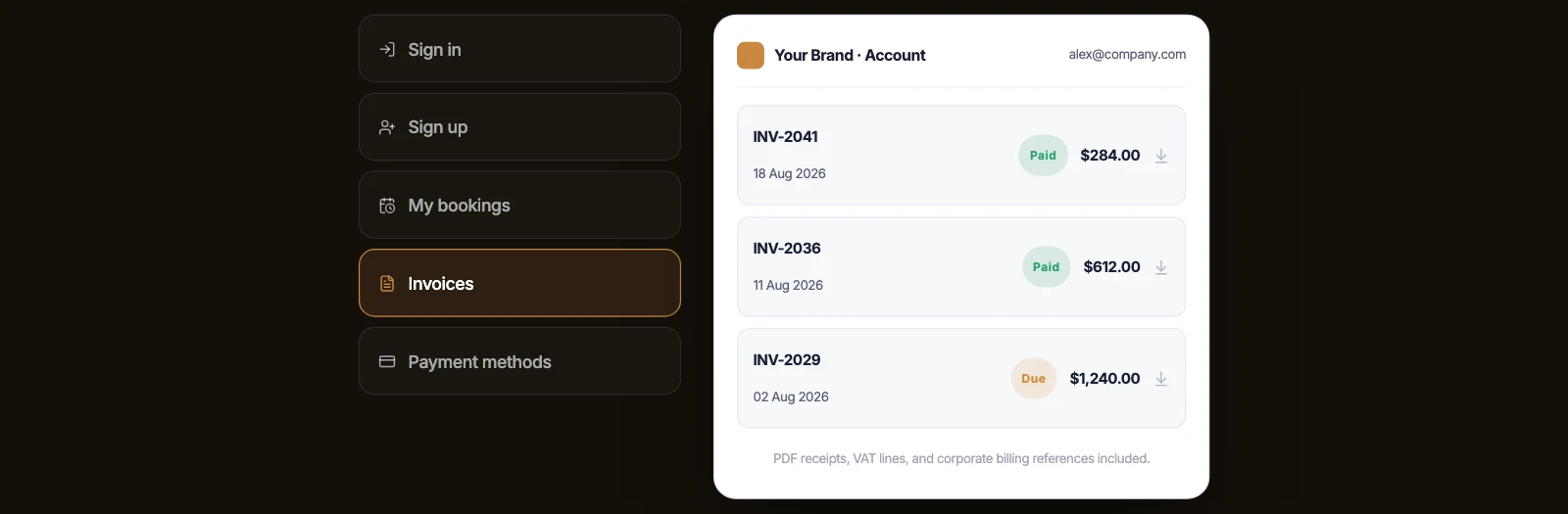 The LimoSphere passenger account hub with sign in and sign up, my bookings, invoices and payment methods, listing paid and outstanding invoices with downloadable PDF receipts